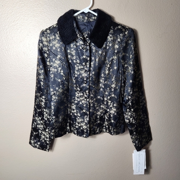 Scott McClintock VTG/NOS Black Gold Floral Brocade Faux Fur Collar Jacket-Size 8 - Picture 1 of 13